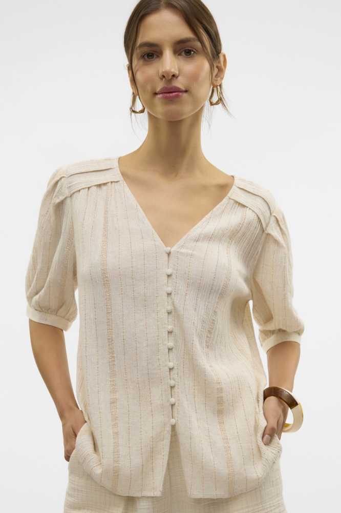 VMDAHLIA S/S V-NECK SHIRT WVN BTQ 10329115 Pumice Stone/Gold